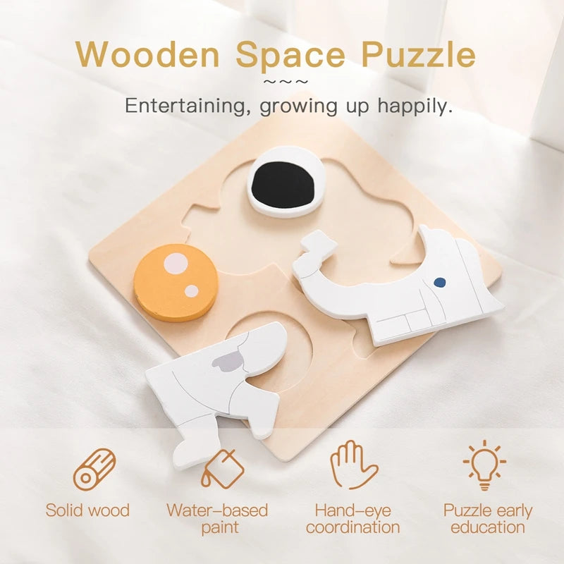Wooden Puzzle Montessori Toys Baby Cartoon Astronaut Tangram Shapes Puzzle Learning Education Toys Kid Intelligence Jigsaw Gifts