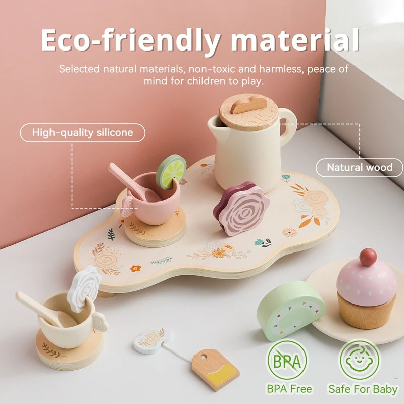 Baby Wooden Montessori Toys Silicone Cups Wooden Plate Trays Dessert Model Playing House Afternoon Tea Set Kids Puzzle Toys Gift