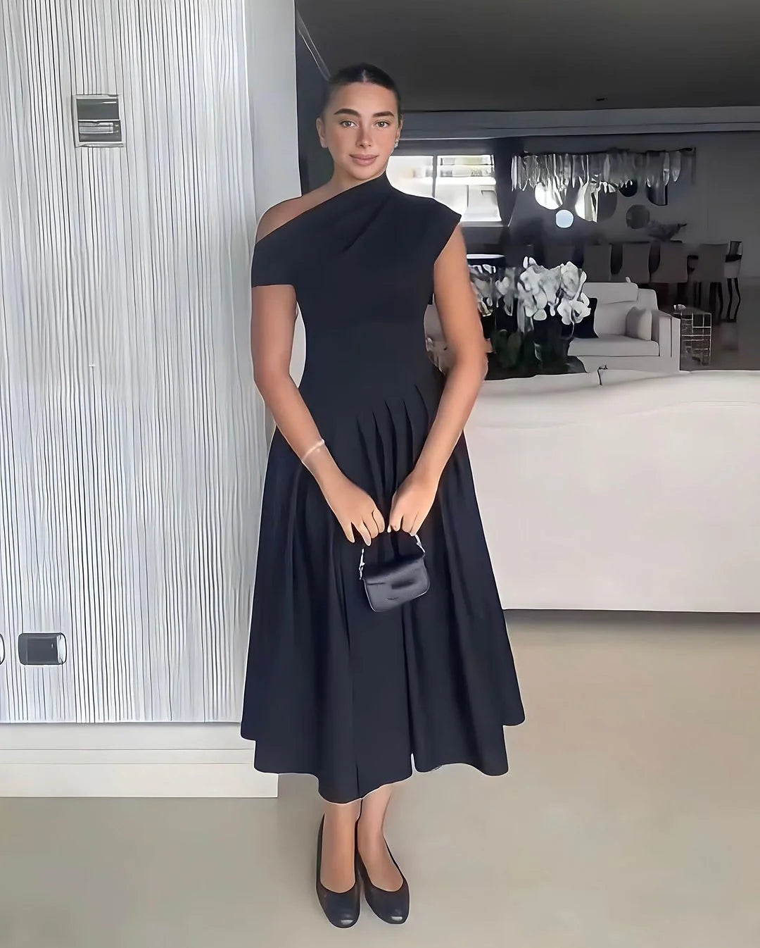 Diagonal Collar Pleated Summer Dress