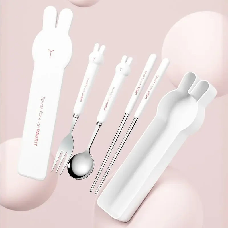 Cute Rabbit 304 Stainless Steel Tableware Spoon Fork Chopsticks Cartoon Student Children Good Gift Cutlery Set
