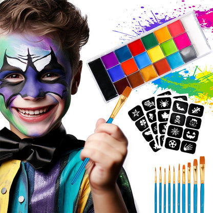 Face Body Paint Palette Oil Makeup Set 20 Colors SFX Halloween Party Painting with 10 pcs Artist Paintbrushes,Tattoo Stencil kit