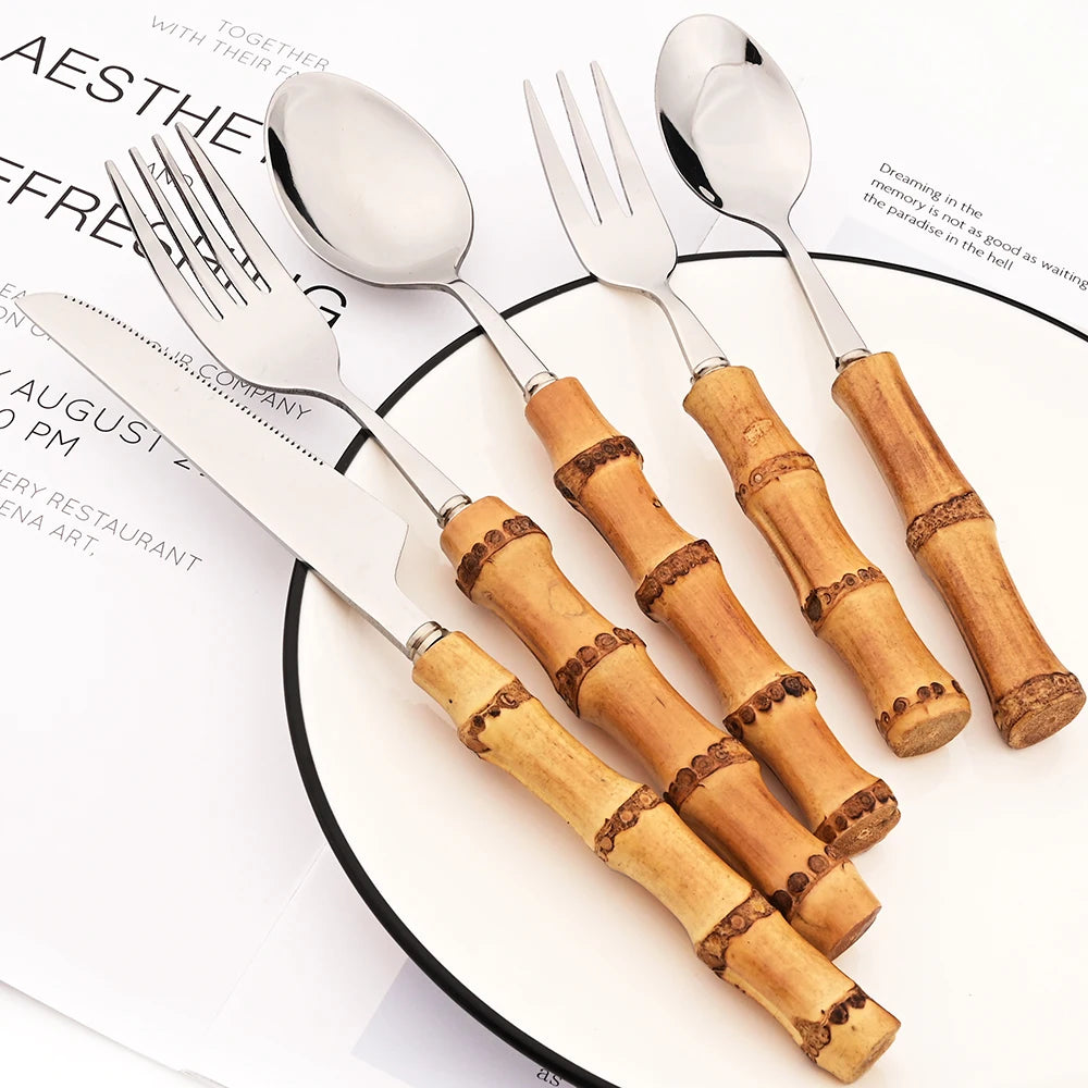 Drmfiy 4/20Pcs Natural Bamboo Handle Silver Dinnerware Set Stainless Steel Cutlery Set Kitchen Knife Fork Spoons Tableware Set