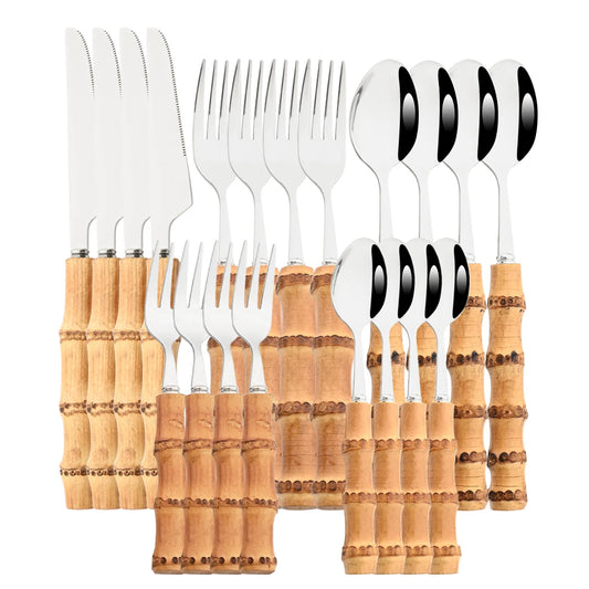 Drmfiy 4/20Pcs Natural Bamboo Handle Silver Dinnerware Set Stainless Steel Cutlery Set Kitchen Knife Fork Spoons Tableware Set