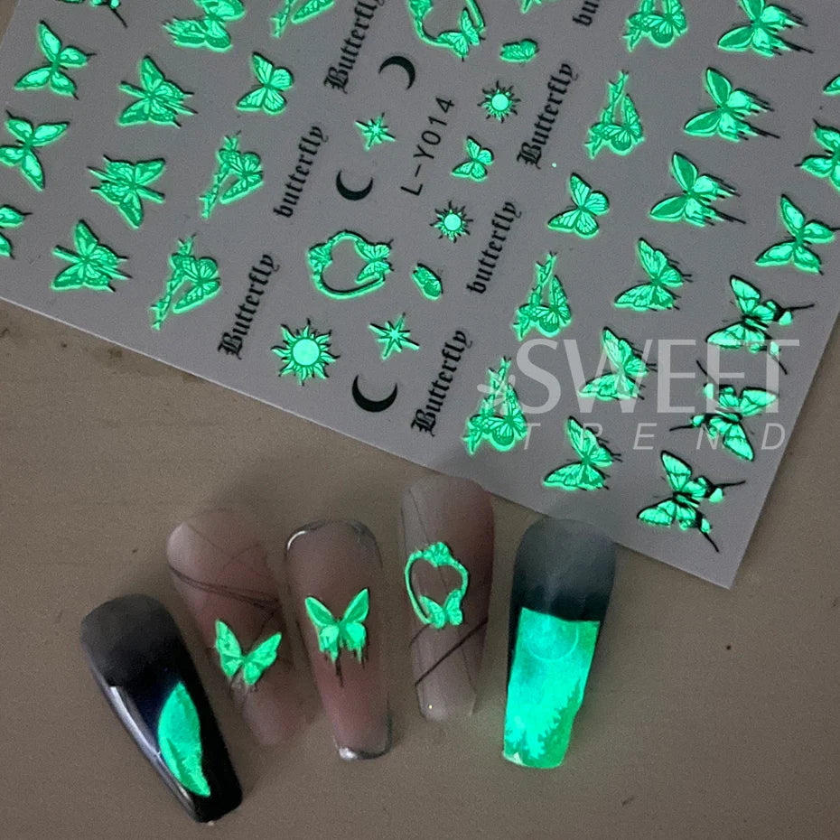 3D Black Human Silhouettes Nail Stiker Luminous Blooming Design Ghost Demon Cat Angel Butterfly DIY Slider Nail Foils Decoration