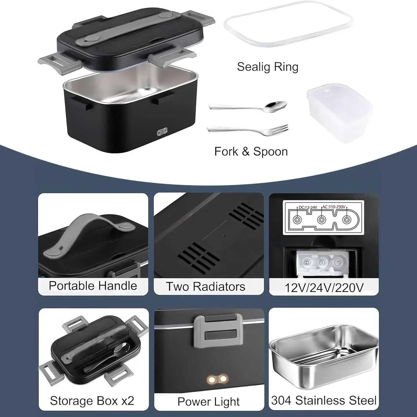 Electric heated lunch box car/truck/office dining box 75W stainless steel detachable 1.8 L heating bowl 12V/24V/220V