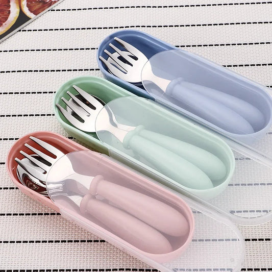 Infant Food Feeding Spoon Fork Baby Gadgets Tableware Set Utensil Stainless Steel Toddler Dinnerware Cutlery детская посуда