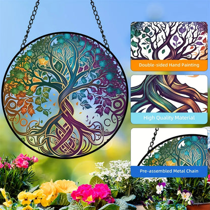 Glass Pattern Tree of Life Stained Suncatcher Four Seasons Theme Window Wall Hanging Ornament Glass Panel Decor Gift for Mom