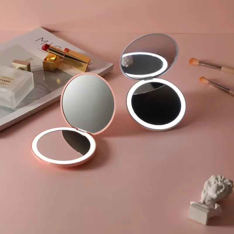 Mini LED Light makeup mirror Foldable compact mirror With luminous circle Portable USB handheld makeup mirror