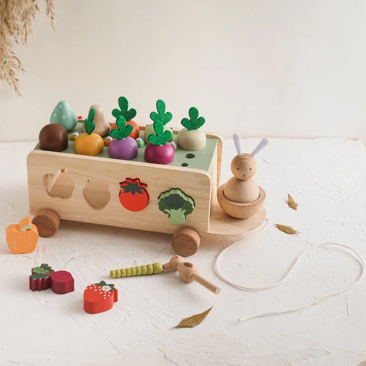Wooden Turnip Car Stretch Rope Hand-pulled Car Baby Carrot Pulling Toy Shape Matching Toy Parent-child Education Montessori Toys