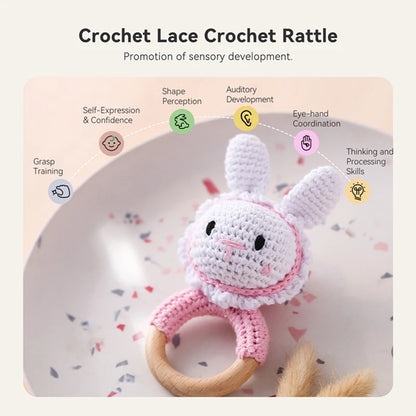 1PC Baby Wooden Rattle Toys Crochet Cartoon Rabbit Rattle Music Toy Teether Ring Baby Teether Rodent Gym Mobile Rattles Toy Gift