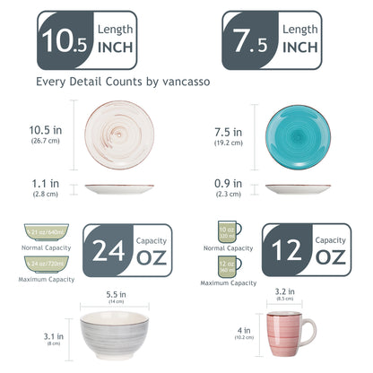 vancasso Bella-H 16/32/48-Pieces 4-Color Porcelain Dinner Set Ceramic Tableware Set with Dinner Plate,Dessert Plate,Bowl,Mug Set