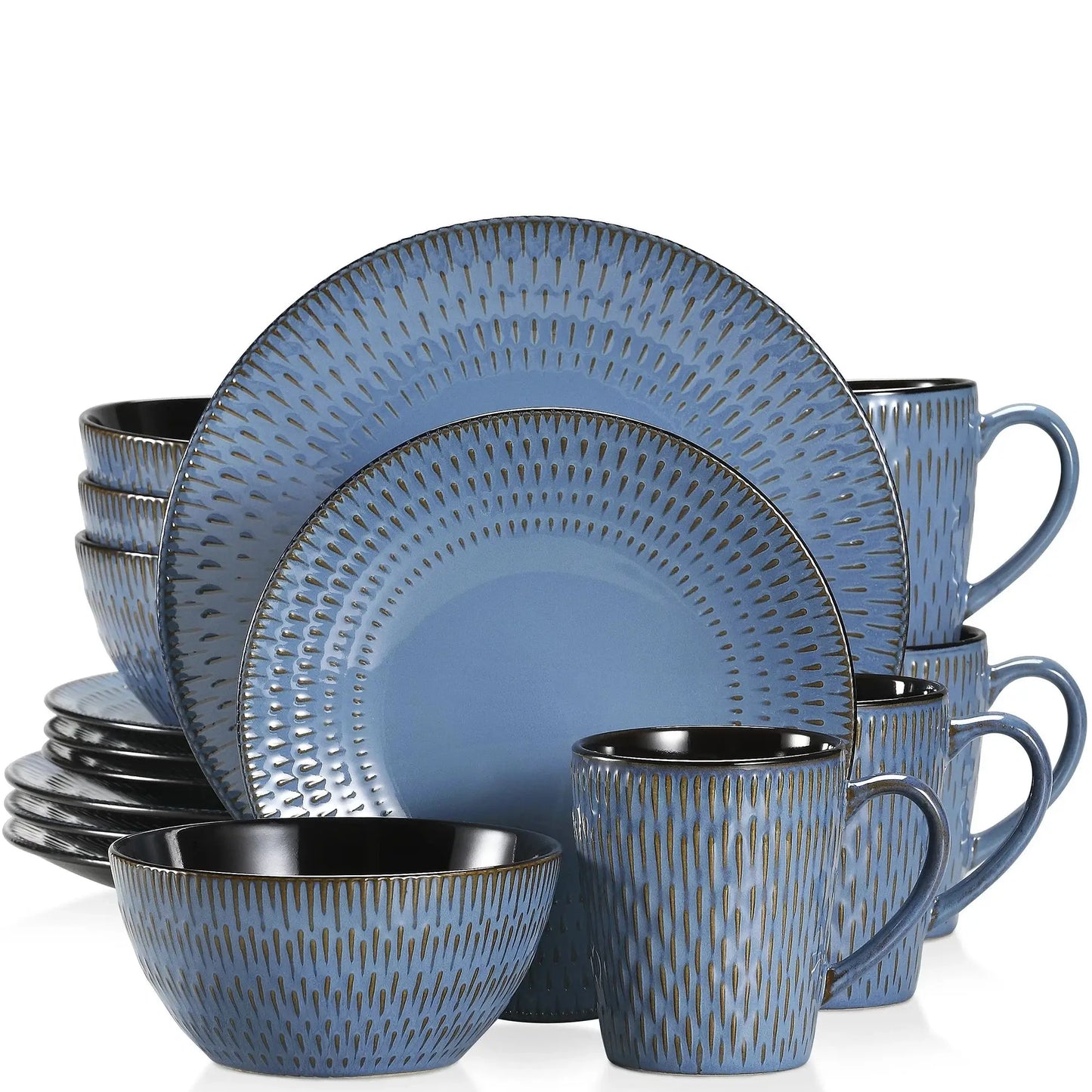 VANCASSO PLUVO 16/32/48 Piece Blue Embossed Stoneware Tableware Set with Dinner/Dessert Plate/Soup Bowl/Mug Service for 4/8/12