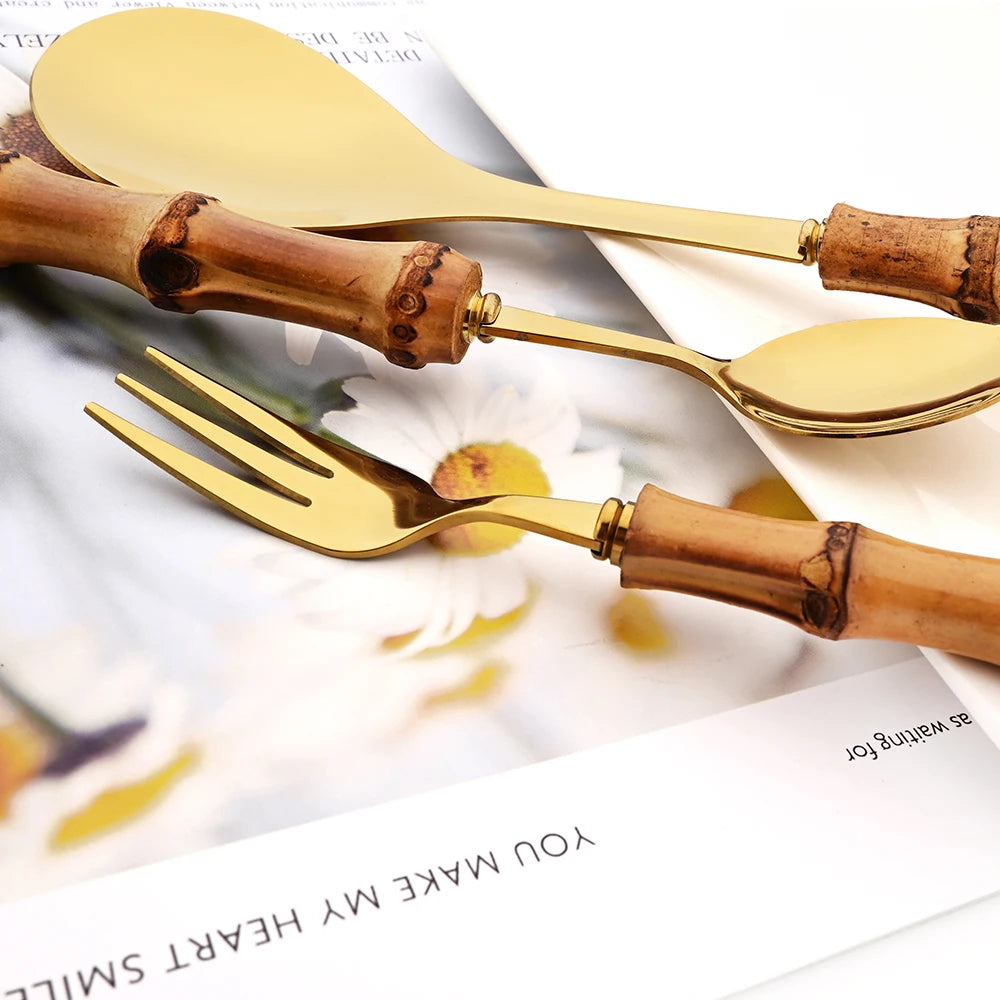 Drmfiy 4/20Pcs Natural Bamboo Handle Silver Dinnerware Set Stainless Steel Cutlery Set Kitchen Knife Fork Spoons Tableware Set