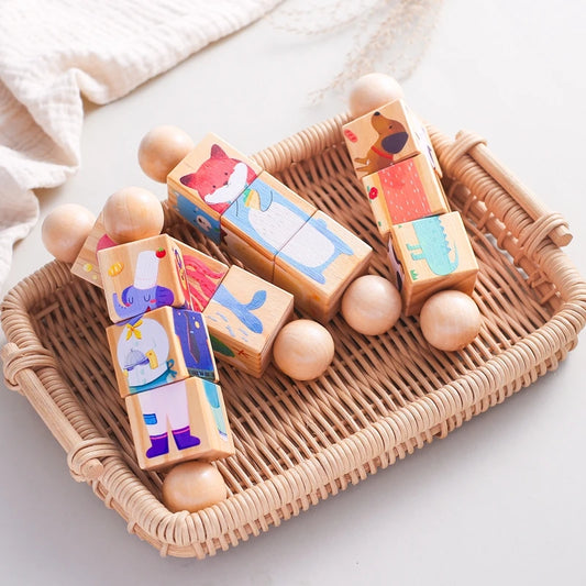 1PC Wooden Baby Rattles Toy Rotating Animal Shaped Matching Blocks Toy Baby Exercise Coordination Puzzle Montessori Toy Kid Gift