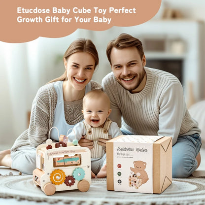 Baby Wooden Montessori Toy Baby Five-in-on Car Toy Polyhedron Busy Bus Toy Kids Early Education Hand Brain Sense Organ Toys Gift