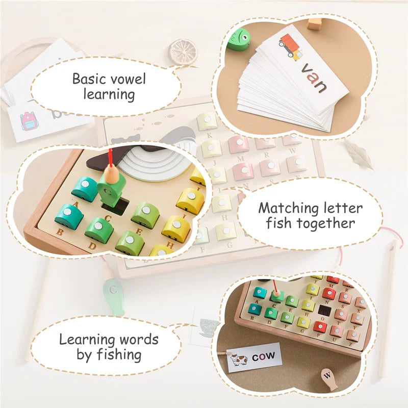 Kids Solid Wood Magnetic Suction Fishing Toy Cartoon Marine Life Cognition Toys Montessori Early Education Interaction Game Gift