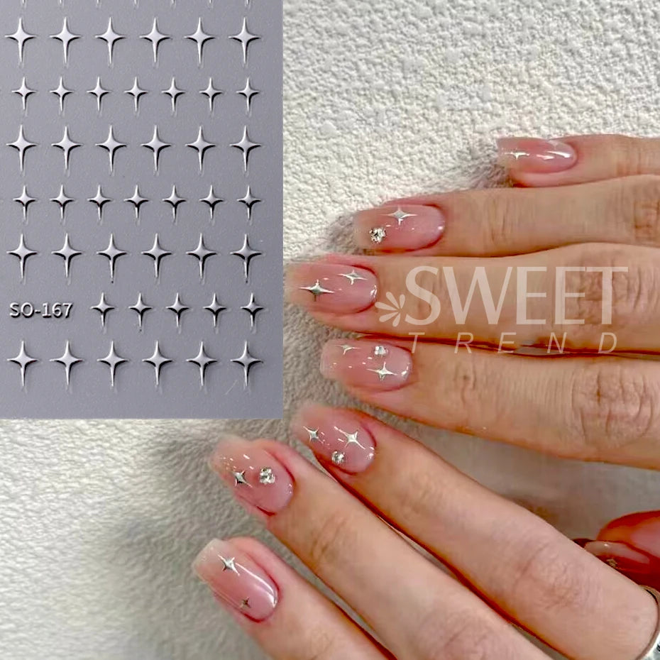 3D Black Sliver Stars Nails Stickers Bronzing Laser White Cross Starlight Glossychic Stylish Y2K Adhesive Manicure Decorations