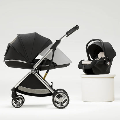 Luxurious Baby Stroller 3 in 1 Egg-shaped Seat for Newborn One Hand Recline Pushchair Pram Compact Size