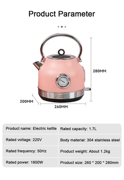 DMWD 220V Retro Electric Kettle With Thermometer 1.7L Large Capacity Water Fast Boiling Teapot  Stainless Steel Linner Kettles
