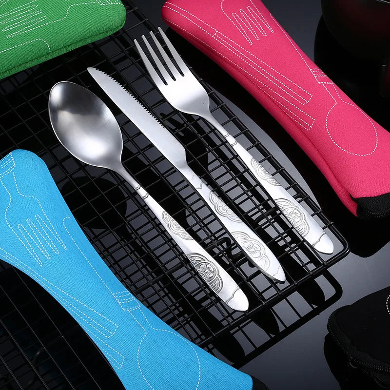7Pcs/3Pcs Set Dinnerware Portable Printed Knifes Fork Spoon Stainless Steel Family Camping Steak Cutlery Tableware with Bag