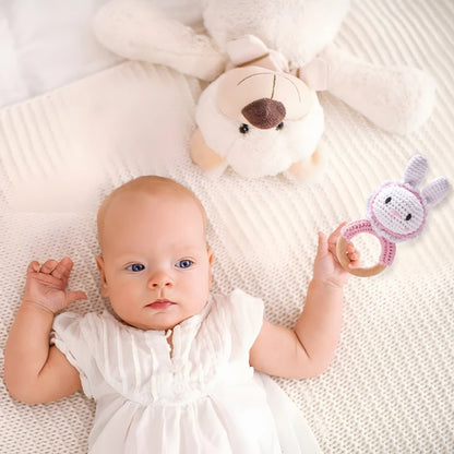 1PC Baby Wooden Rattle Toys Crochet Cartoon Rabbit Rattle Music Toy Teether Ring Baby Teether Rodent Gym Mobile Rattles Toy Gift