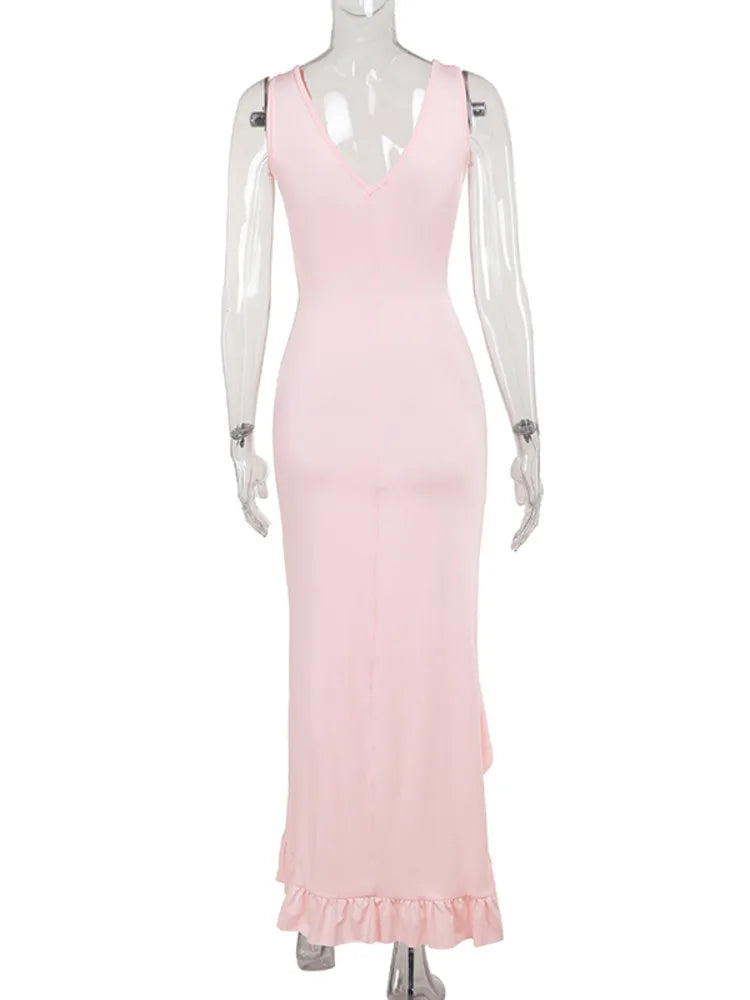Deep V-Neck Ruffle Maxi Dress