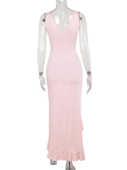 Deep V-Neck Ruffle Maxi Dress