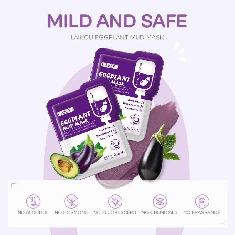 5pcs LAIKOU Eggplant Mud Mask Oil Control Moisturizing Anti-Acne  Anti Wrinkle Whitening Cleansing Clay Mask Skin Care Face Mask