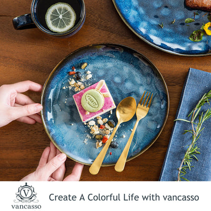 VANCASSO 16/32/48-Piece Starry Blue Dinner Set,Kiln Change Glaze Tableware Dinner Set with Dinner Plate,Dessert Plate,Bowl,Mug