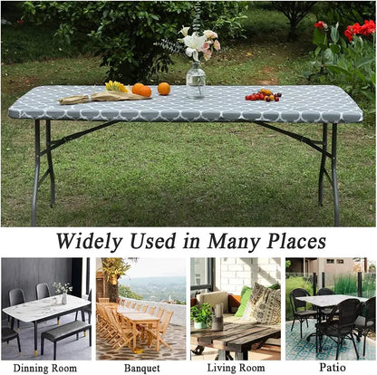 Elastic Fitted Vinyl Waterproof Tablecloth Flannel Backing Rectangle Table Cover Folding Table Wipeable TableCloth Outdoor Party