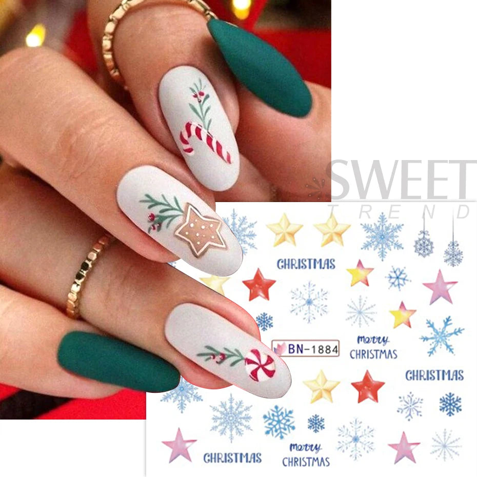 12pcs Christmas Crystal Ball Nail Sticker Winter Cartoon Nail Decal Letter Pine Leaf Snowflake Slider Decoration Watermarks JIBN