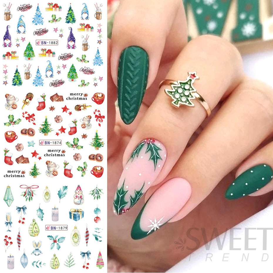 12pcs Christmas Crystal Ball Nail Sticker Winter Cartoon Nail Decal Letter Pine Leaf Snowflake Slider Decoration Watermarks JIBN