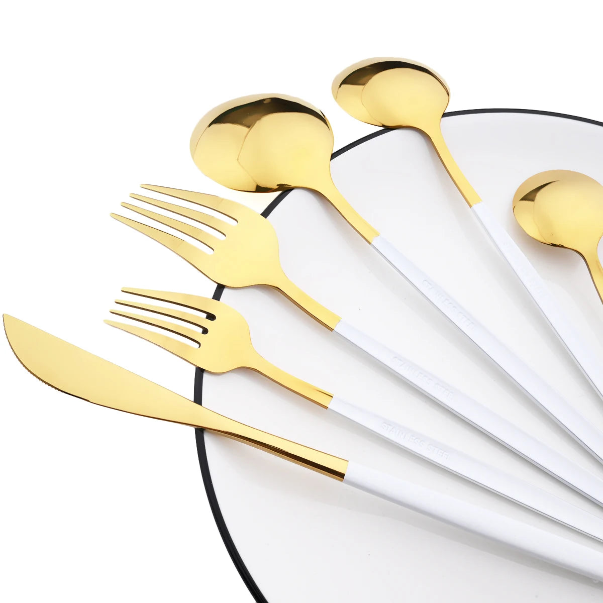 6Pcs White Gold Dinnerware Set Knife Fork Long Handle Spoons Chopsticks Flatware Cutlery Stainless Steel Tableware Silverware