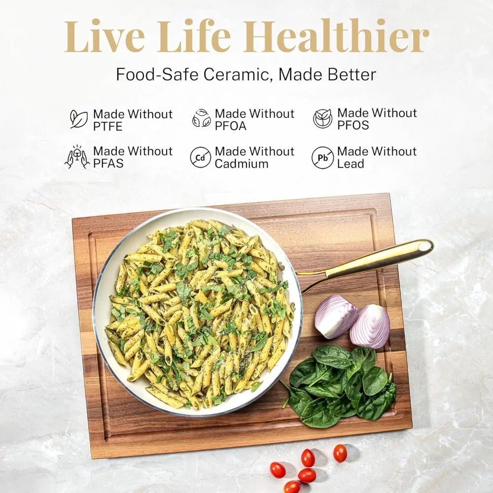 15 Pcs Ceramic Pots & Pans Set Non Stick, Ceramic Kitchen Cookware Sets, Non Toxic Cookware Set, Dishwasher Safe, Cream White