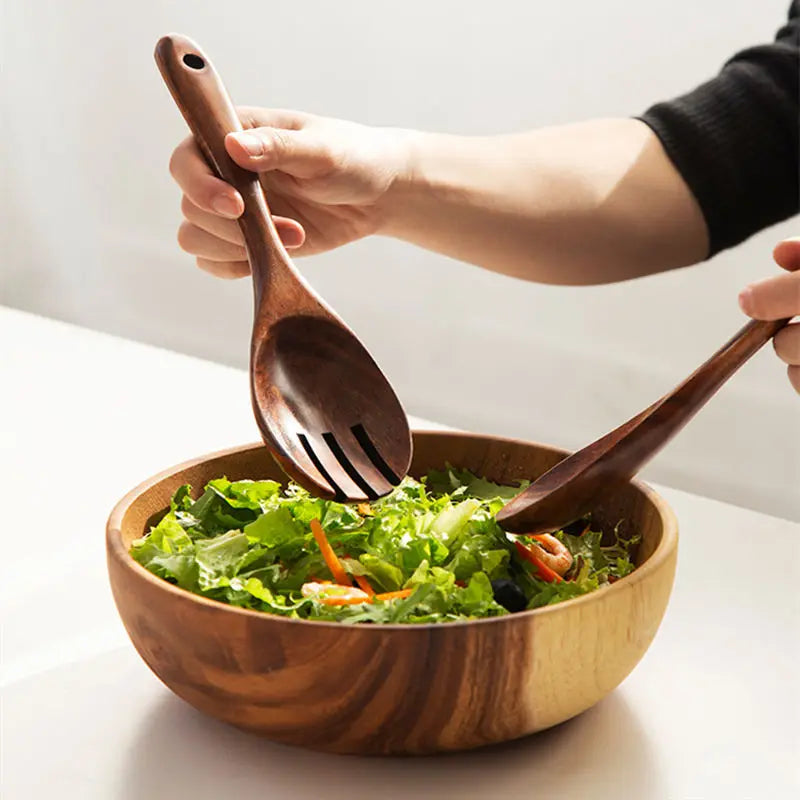 Wooden Large Spoon Fork Cutlery Set  Japanese Style Long Handle Serving Salad Scoop Dinnerware Set Tableware Kitchen Utensil