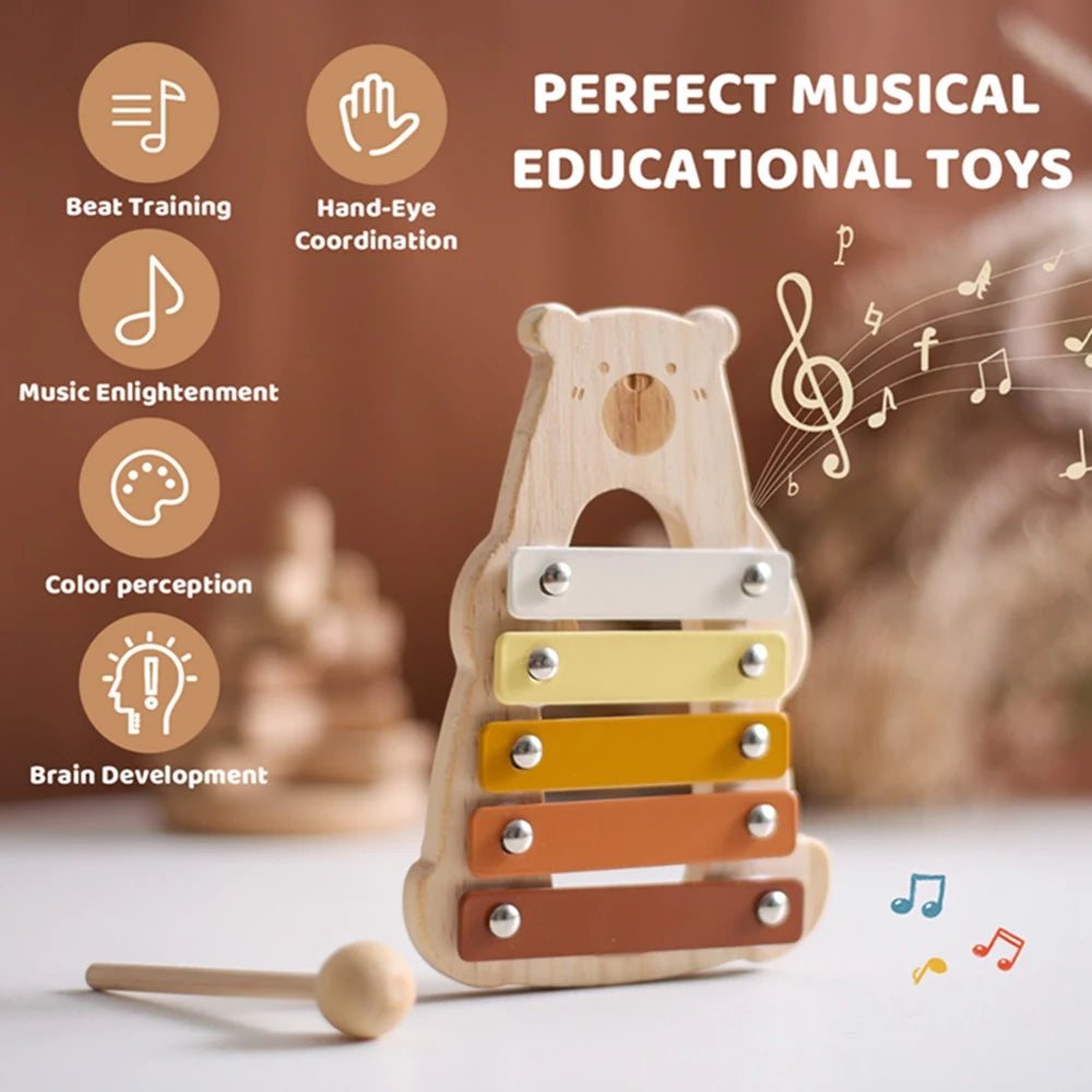 Baby Wooden Musical Instruments Toys Cartoon Bear Percussion Instruments Drum Piano Montessori Toys for Bewvorn Birthday Gifts