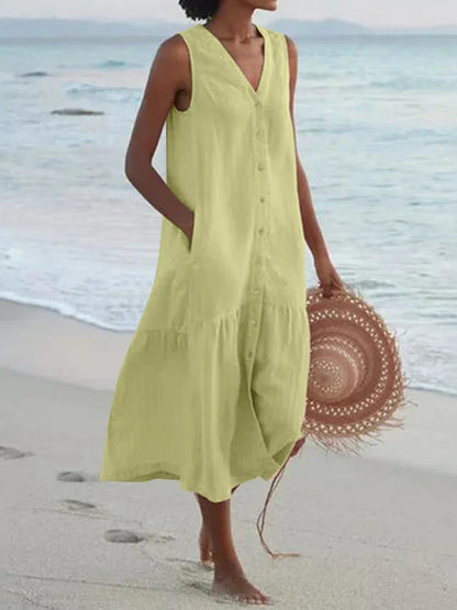 Loose Patchwork V-Neck Midi Dress