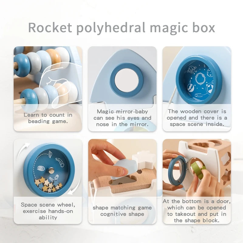 Montessori Toys Kids Wooden Rocket 5-in-1 Stacking Set Toys Baby Multifunctional Shape Cognitive Educational Block Toy Baby Gift