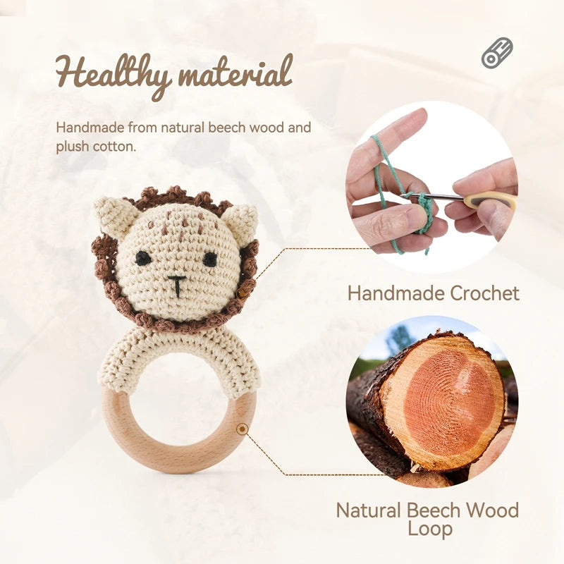 1Pc Baby Rattle Wooden Teether Music Ring Crochet Animal Rabbit Music Rattles Soother Bracelet Toddler Toys Baby Teething Gifts