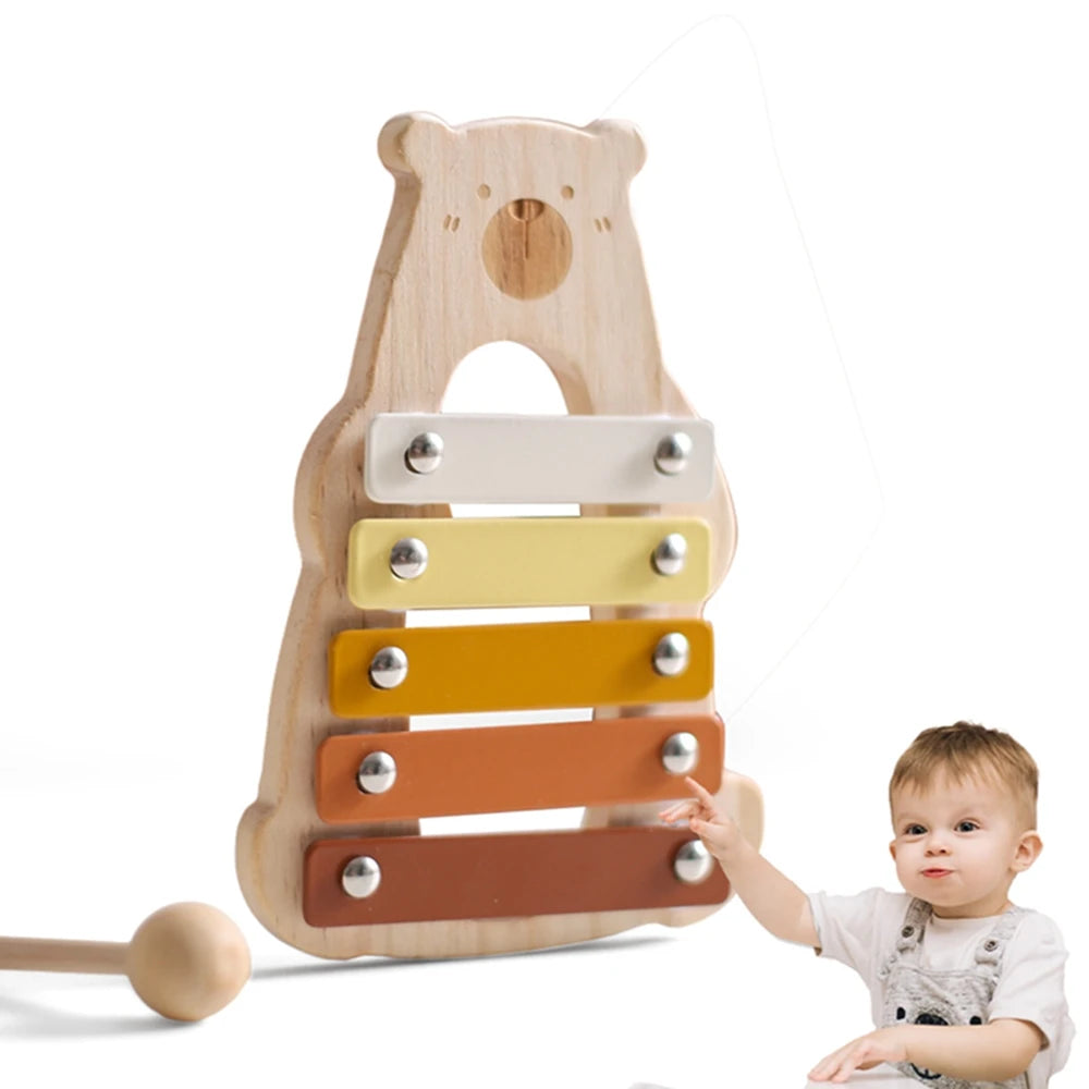 Baby Wooden Musical Instruments Toys Cartoon Bear Percussion Instruments Drum Piano Montessori Toys for Bewvorn Birthday Gifts