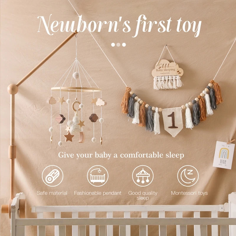 Baby Wooden Crib Mobile Bed Bell Hanging Rattle Toy Newborn Music Box Bed Bell Hanging Toys Holder Bracket Infant Crib Baby Gift