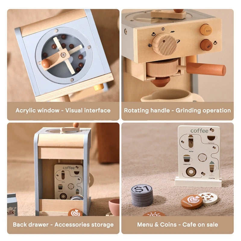 Kids Montessori Toys Wooden Kitchen Deluxe Coffee Maker Toys Children Cosplay Play House Educational Toys Baby Blocks Toys Gifts