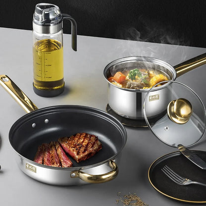 Stainless Steel Pot Set 12-piece Set Gold Handle Set Non-Stick Frying Pan