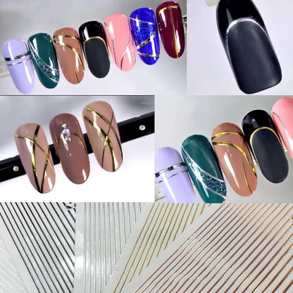 French Straight Stripes Nail Sticker Decals New Gold Sliver Colorful Metal Curve Strip Lines Adhesive Striping Tape Decals HJS-8