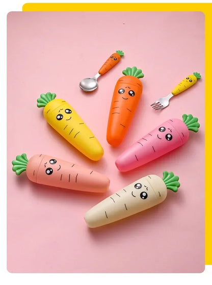 Cute Spoon Fork Tableware Children Carrots Feeding Vegetable Teaspoon Forks Flatware Kids Training Stainless Steel Dinnerware