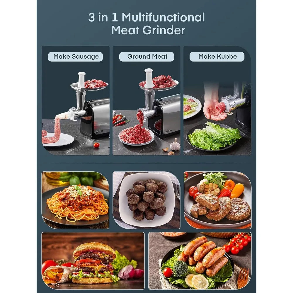 Electric Meat Grinder, Aiheal Stainless Steel Sausage Stuffer Maker with 2 Blades & 3 Plates,3 Sausage Stuffer Tubes & Kubbe Kit