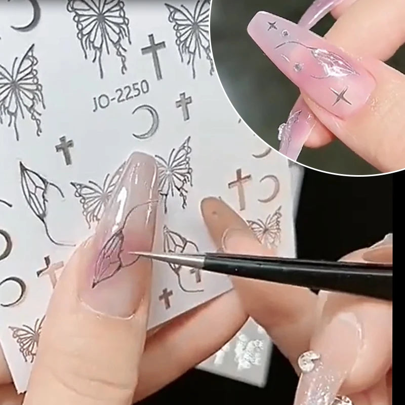 Silver Metal Butterfly 3D Nail Sticker Black White  Butterflies Star Adhesive Slider Wraps Manicure Gel Polish Decals