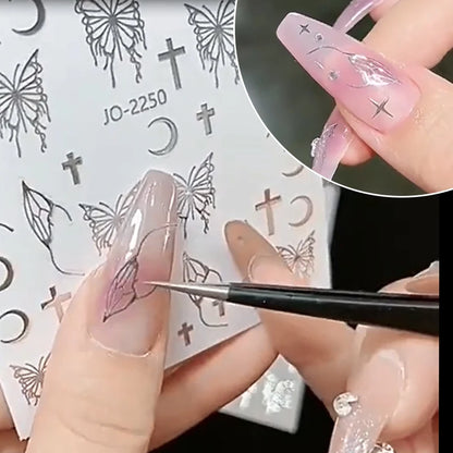 Silver Metal Butterfly 3D Nail Sticker Black White  Butterflies Star Adhesive Slider Wraps Manicure Gel Polish Decals