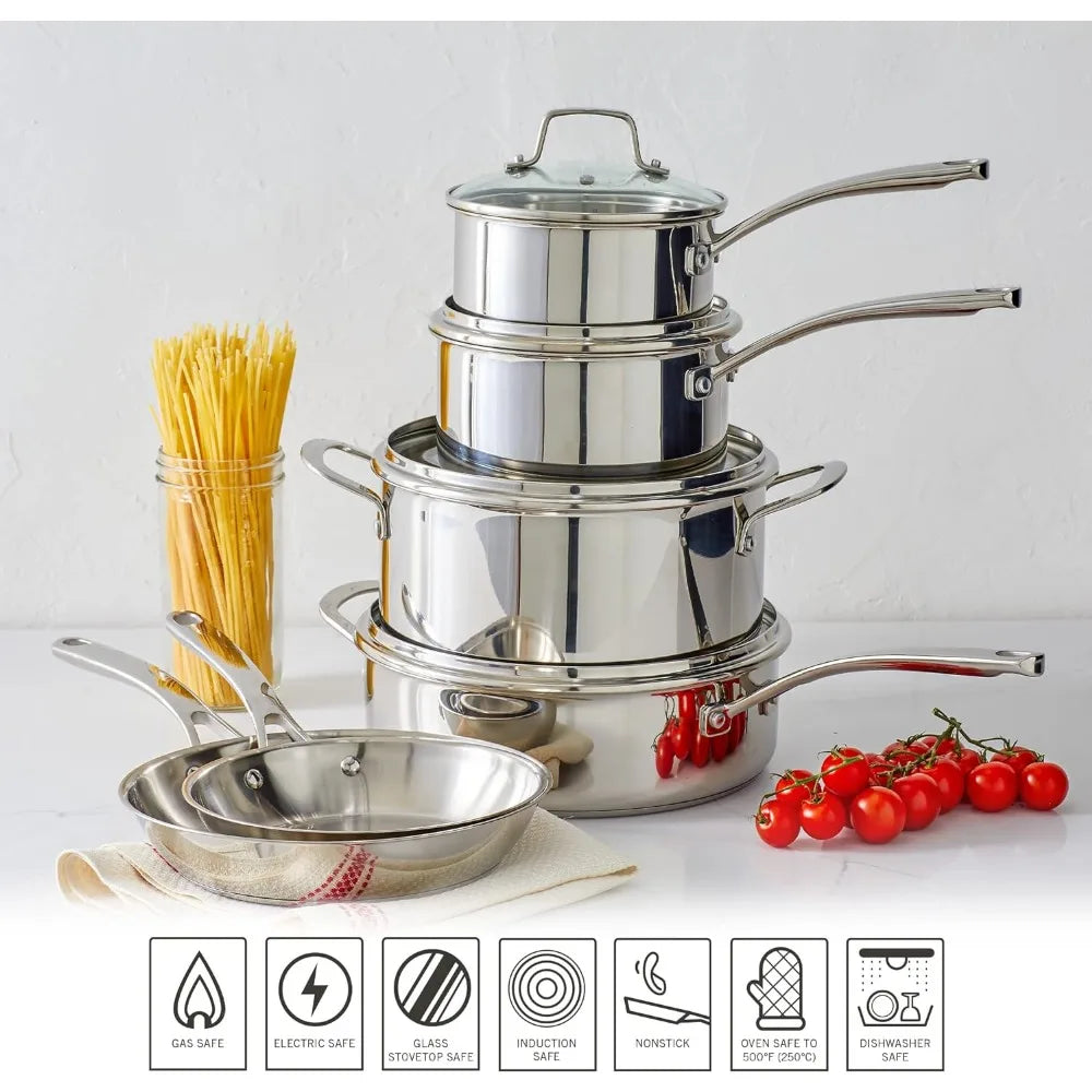 Castelle 10 Piece 18/8 Stainless Steel Induction Safe Pots and Pans Non-Toxic Cookware Set