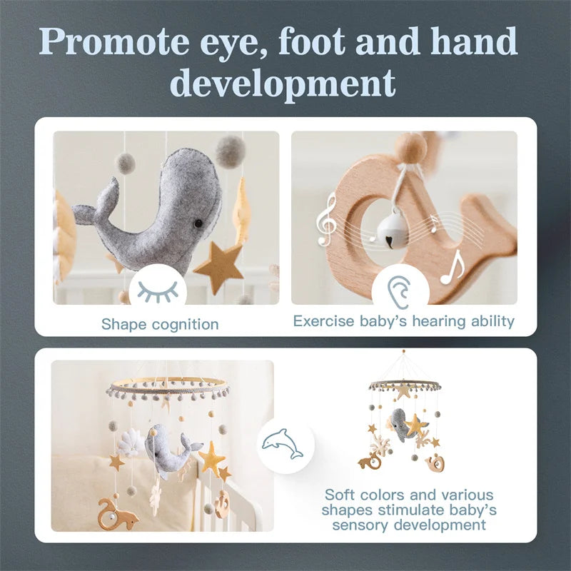 Baby Rattle Toys 0-12 Months Wooden Bed Bell Whale Animals Pendant Newborn Music Box Bed Bell Hanging Toys Crib Mobile Wood Toys